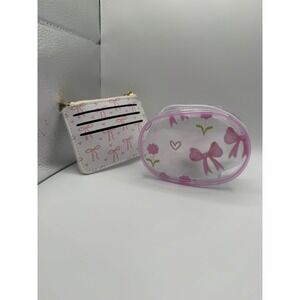 Pink Bow Card Holder and Clear Floral Pouch Accessory Set White Coquette Style